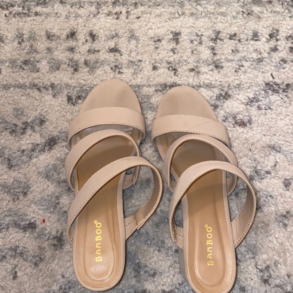 Tan slide on heels with straps